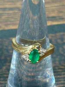 Estate Oval Emerald Diamond 14k Yellow Gold Ring Size 5.5 - Picture 1 of 9