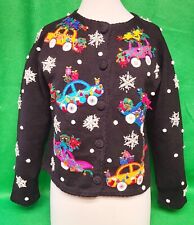 Michael Simon Cars w Christmas Trees Sweater Medium c. 1990s Preowned Rare