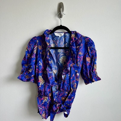 ba&sh Blouse Womens Small Blue Pink Floral Print Ruffle Short Sleeve Tie Top - Image 1 of 4