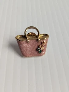 Vintage Pink Enameled Purse Pin Brooch Spring Easter Rose Gold Tone Flowers Avon - Picture 1 of 3