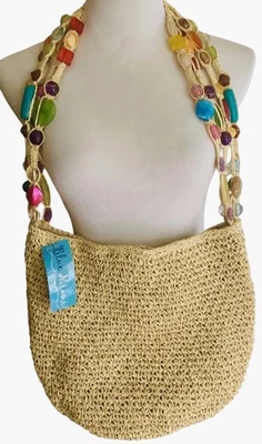 Bolso de Hombro Azul Miami Tejido Papel Paja Correas con Cuentas Playa Crucero Nuevo con Etiquetas Foto 1 de 4