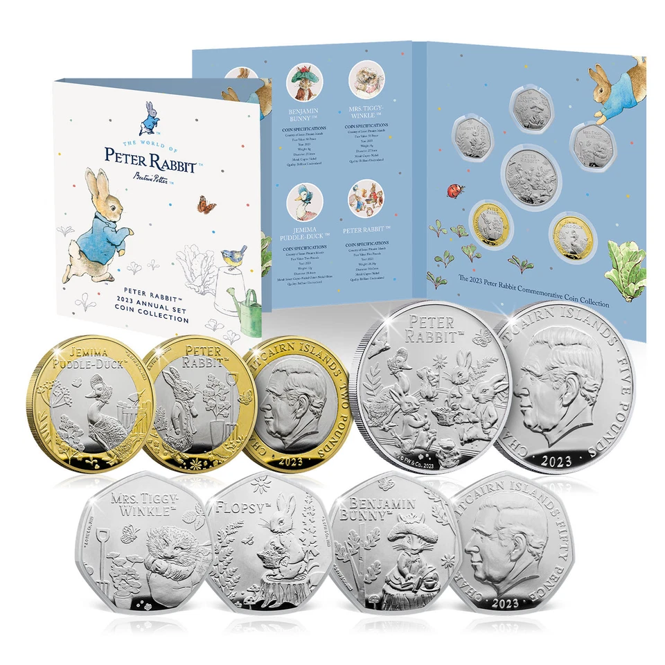 Juego de 6 monedas anuales Beatrix Potter El mundo de Peter Rabbit 2023 BU 50p £2 £5 Foto 1 de 4