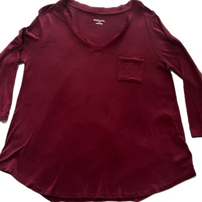 Merona Ladies Top Large Maroon Burgundy  3 /4 sleeves Raw Vee Neck Read - Image 1 of 4