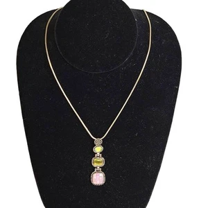 Vintage Lia Sophia Necklace Drop Pendant Precious Stone Pink Shell Silver Tone - Picture 1 of 6