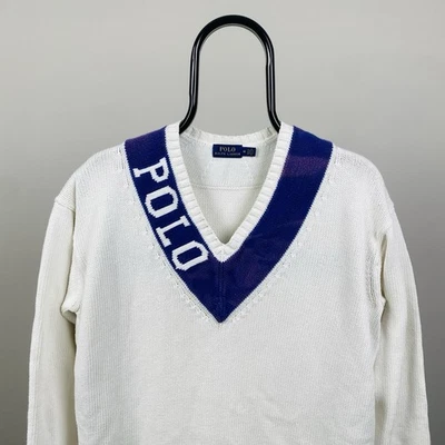 Jersey de cricket Polo Ralph Lauren Spellout tejido con cable blanco para hombre mediano Foto 1 de 4