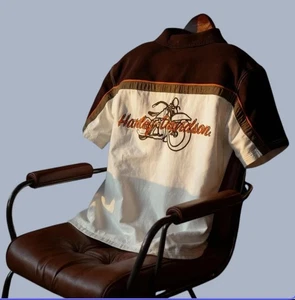 Harley-Davidson Shirt M Colorblock Motorcycle Style Embroidered Cream Brown - Picture 1 of 11