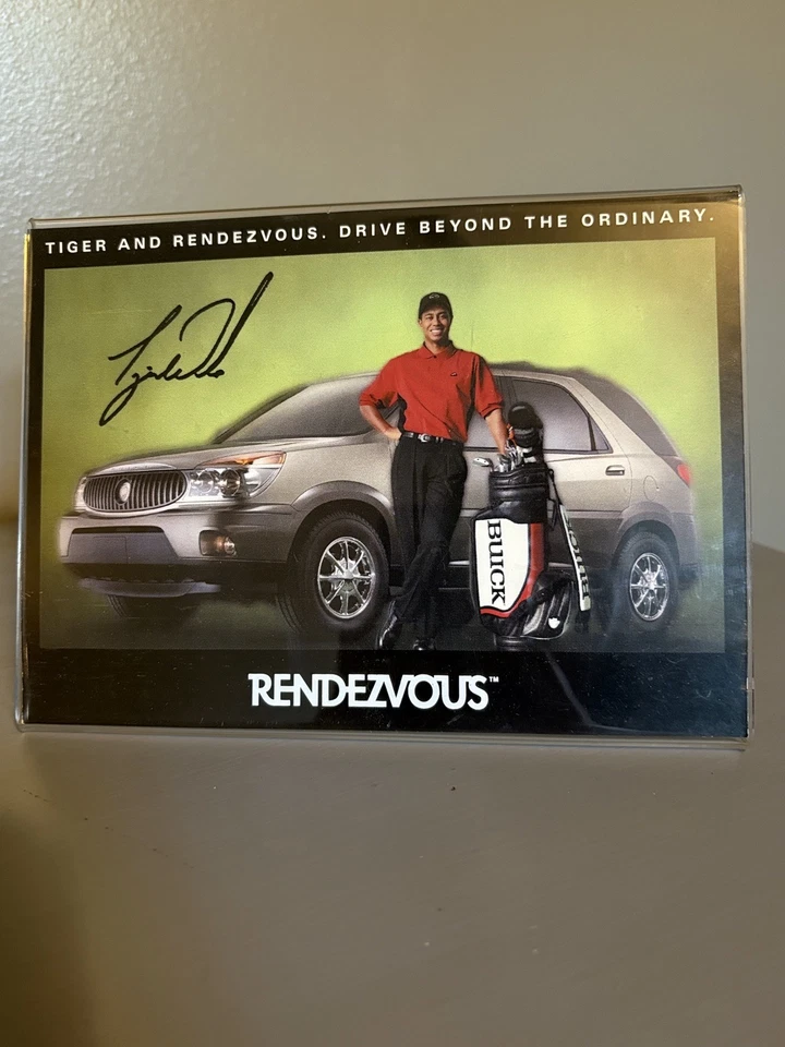 RARO Tiger Woods Buick Rendezvous Coleccionista Promo Tarjeta Vendedor Escritorio Exhibición Foto 1 de 2