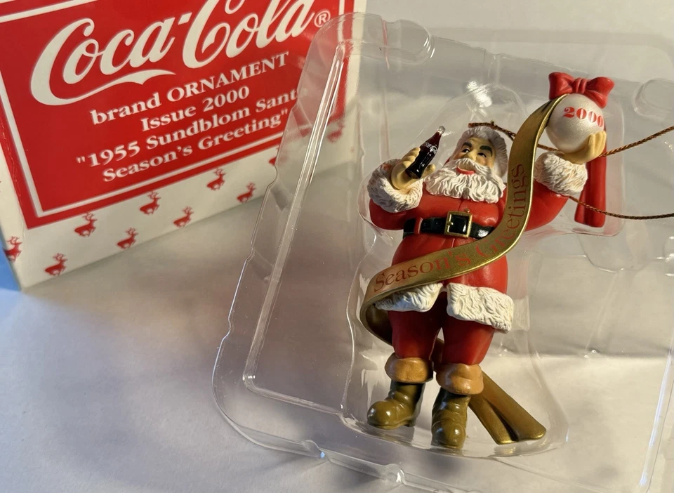 Vidrio Coca Cola Santa adorno de Navidad 1955 Sundblom Santa saludo de temporada Foto 1 de 1