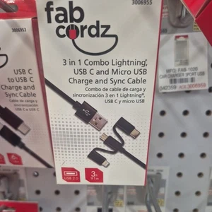 Fabcordz Lightning, Type C and Micro USB Cable 3 ft. Black - Zdjęcie 1 z 1