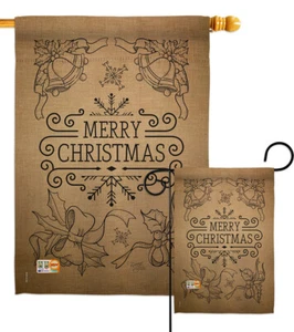 Merry Christmas Bells Poinsettia Ribbon Season Burlap Garden House Yard Flag - Picture 1 of 13