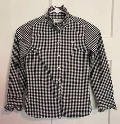 VINEYARD VINES Girls TOP Long Sleeve BLACK White CHECK Ruffle Neck Size 8 - Image 1 of 4