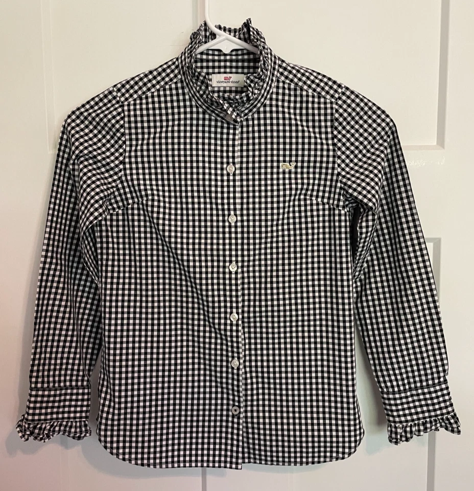 VINEYARD VINES Niñas TOP Manga Larga NEGRO Blanco CUADROS Volantes Cuello Talla 8 Foto 1 de 4
