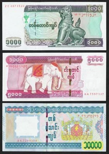 MYANMAR BIRMANIA 1000 5000 10000 Kyats Kyats Set 3 PZ 2004 2015 P-80 83 84 PZ - Foto 1 di 5