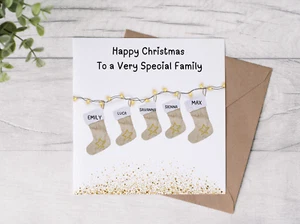 Happy Christmas to a very special family of 5 stocking personalised card - Picture 1 of 4