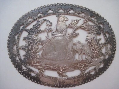 Hermosa etiqueta de tela vintage "Dresde" con foto de mujer pastor y oveja * Foto 1 de 3