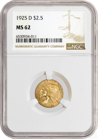 1925 D $2.50 Indian Head Quarter Eagle Gold NGC MS62 Uncirculated Coin Cover