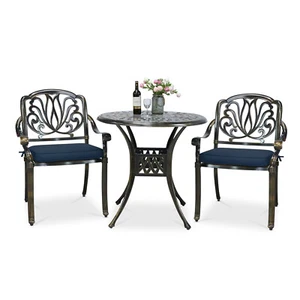 3-Piece Outdoor Furniture Dining Set Cast Aluminum Conversation Set W/ Cushions - Picture 1 of 32