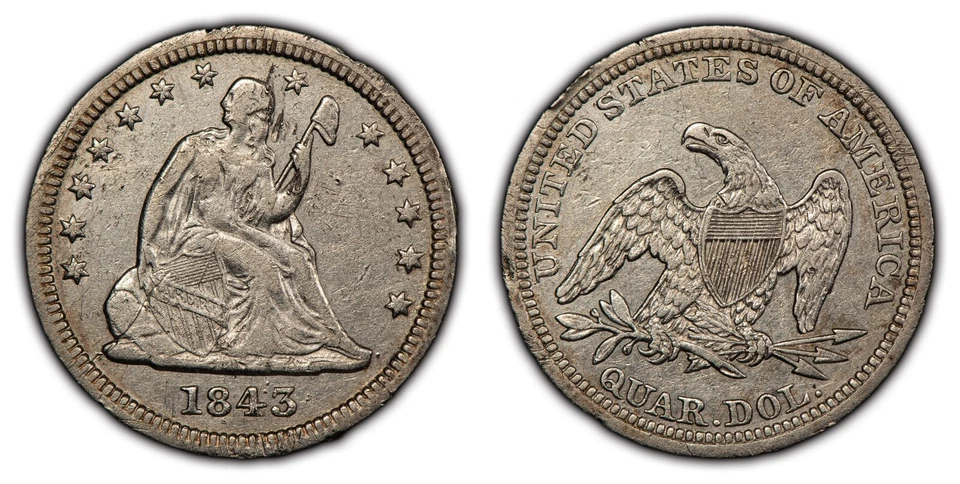 Cuarto de plata libertad sentada 1843 25c - Moneda temprana de Estados Unidos - XF Dets - SKU-B3452 Foto 1 de 4