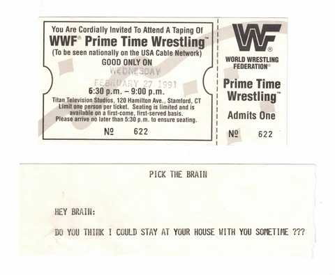 WWF Prime Time Wrestling 2/27/91 UNUSED Ticket w/ Line Card! Stamford CT! WWE! Cover