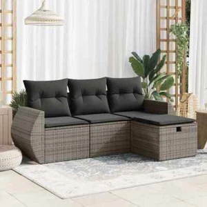 vidaXL 4 Piece Garden Sofa Set with Cushions Grey Poly Rattan - Picture 1 of 13