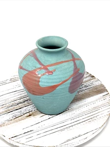 Jarrón de cerámica vintage TOYO Japón MCM esmalte por goteo cerámica rosa turquesa texturizada - Imagen 1 de 9