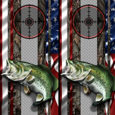 Cornhole Wraps - Bass Fishing Cornhole Decal with American Flag & Oak Tree Camo - Image 1 of 2