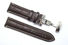 24mm Brown Croco Embossed Leather Contrast Stitch Watch Band W/ Butterfly Clasp