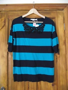 BNWT Boden hand finished beaded short sleeved jumper, navy green stripe, size 10 - Picture 1 of 4