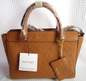 Ellen Tracy Embossed Signature Collection Double Handle Satchel - Cognac - NWT - Picture 1 of 9