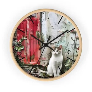 White Cat Wall Clock Red Door Design Analog Clock 10" Wood Frame Kitten - Imagen 1 de 4