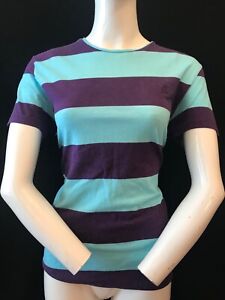 ZARA Blender Women's Short Sleeve Multi Stripe Cotton Logo Top Size M Summer