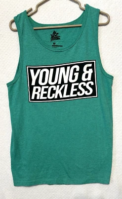 Young and Reckless Mens Green Tank Top Graphic Designs Front and Back Size M - Image 1 of 4