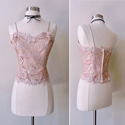 Vintage 90s Lorrie Kabala Romantic Lace Corset Top 8 Pink Floral Appliqué Boho - Image 1 of 4