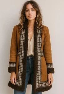 Vintage 70er Leder Penny Lane Mantel bestickt Gr. S Hippie Boho Dan Di Modes - Bild 1 von 20