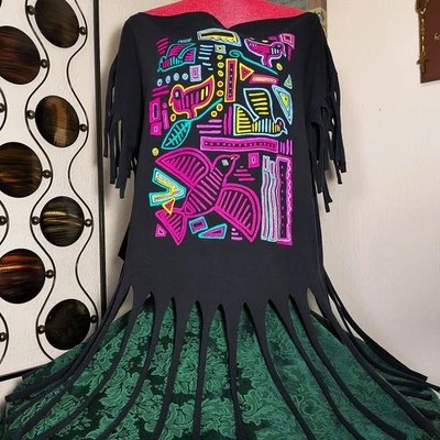 2XL ISLAND BIRDS Fringe T-Shirt Tropical Off-Shoulder Design - Image 1 of 4