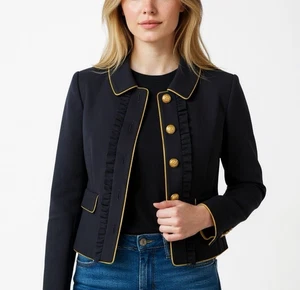 J Crew Tailored Lady Jacket Women Size 10 Navy Wool Ruffles Nautical Gold F6066 - Picture 1 of 16