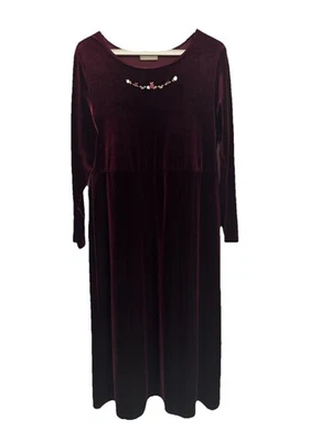 Coldwater Creek Sz M Maroon Womens Velvet Midi Dress Floral Accents Whimsigoth - Image 1 of 4
