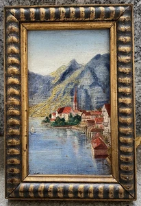 Kleines Gemälde. Blick auf Hallstatt , See und Dachstein. Mit Rahmen 15x22 cm. - Bild 1 von 5