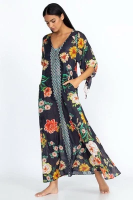 Johnny Was Mia Floral Border Kaftan Dress Silk Cotton Black Size 3X - Image 1 of 4