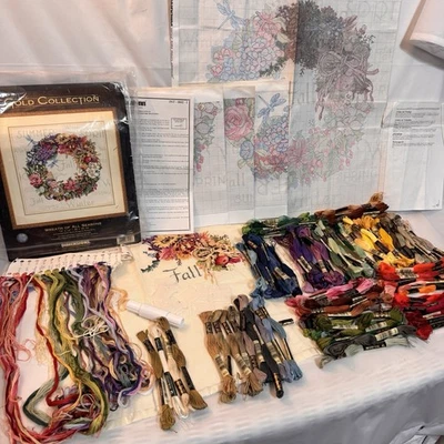 Dimensions ‘Wreath of All Seasons’ Cross Stitch Kit 14x14 PLUS 124 Skein Colors - Image 1 of 4