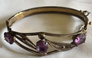 Vtg Sorrento Sterling Cuff Bracelet W/3 Amethyst ??? Stones Filigree Small Wrist - Picture 1 of 6