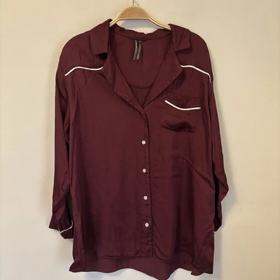 Anthropologie Borgoña Satén Western Pijama Abotonado Manga Larga Top XS Manchas Foto 1 de 4