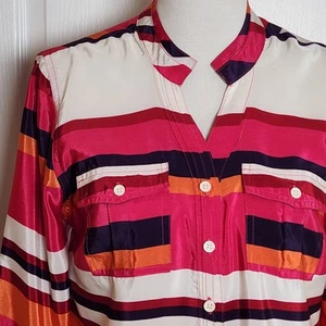 Coupe Collection Womens Large Button Up Blouse Roll Tab Sleeves Striped Pockets - Picture 1 of 11