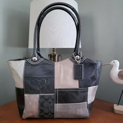Bolso de Mano Coach F14045 Legacy Bleecker Patchwork Gris Negro Gamuza Cuero Y2K Foto 1 de 4