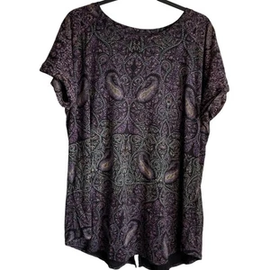 Lucky Brand Top Short Sleeves Paisley Boat Neck Split Back Hem Sz 2X Boho Casual - Picture 1 of 13