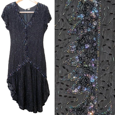 Vtg 80's Black Flapper Drop Waist Silk Beaded Sequin Cocktail Formal Dress LBD M - Image 1 of 4