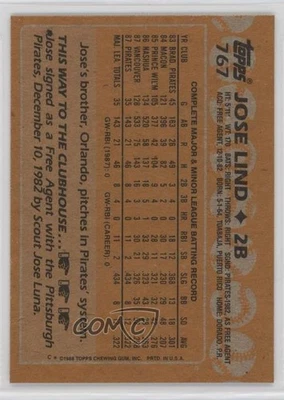 Topps Future Stars 1988 frente en blanco Jose Lind #767 novato radiocontrol Foto 1 de 2