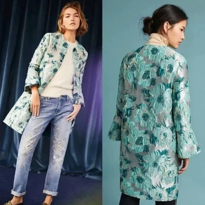 Abrigo Anthropologie Visto Usado Mantenido Ornado Jacquard Talla US 4 Verde azulado Dorado Metálico Foto 1 de 4