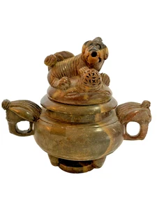 Antique Carved Stone Marble Chinese Incense Burner Foo Dog 6.5" *LG CHIP - Picture 1 of 15