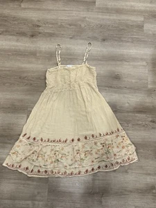 Raya Sun Y2K Boho Sundress Size Large Beige Embroidered Smocked - Picture 1 of 12